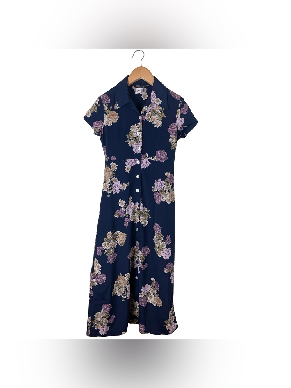 Vintage La Belle Navy Blue Button Front Floral Maxi Dress Size 7 Cottagecore USA